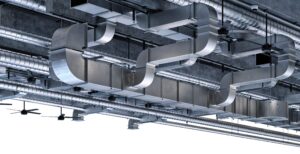 Air,Ventilation,Pipes,System,Hanging,From,The,Ceiling,Inside,Commercial
